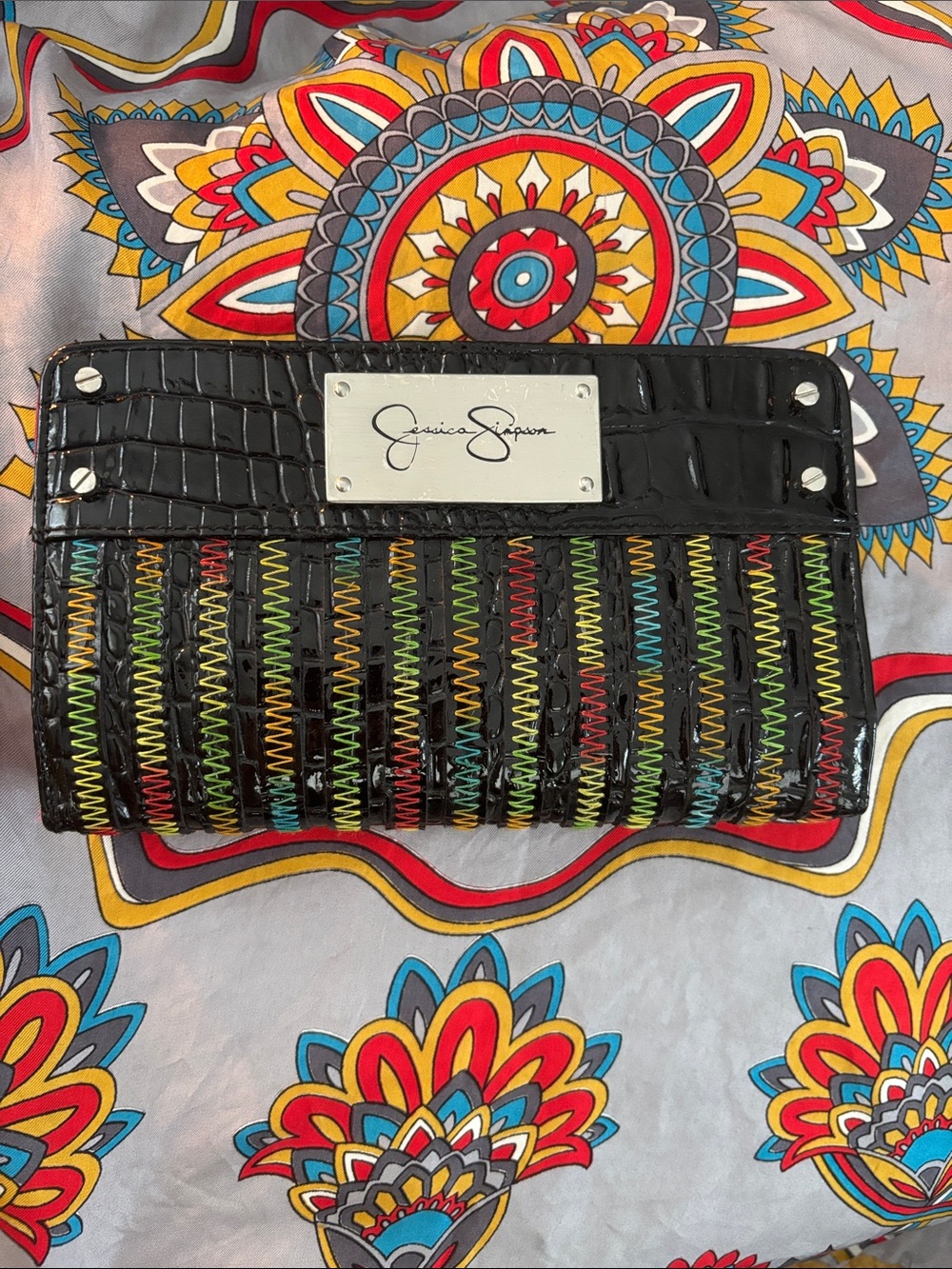 Jessica Simpson Black Patent Wallet with Multicolor Zigzag Stitching
